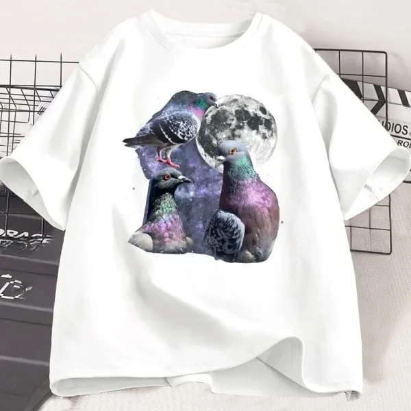 Three Pigeon Retro Graphic T-shirts Pigeon Moon T Shirt Oversized Bird Tee Women Printed Short Sleeve Clothes Tops Graphic Y2K