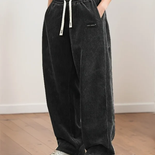Women's Corduroy Pants Texture Straight-Leg Trousers with Drawstring Waist & White Piping - All-Season Casual to Semi-Formal