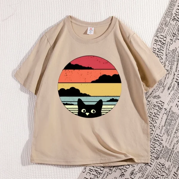Black Cat Sunset T Shirt Vintage Graphic Unisex T Shirt Cool Streetwear Men Tshirts Casual High Quality Cotton Y2k Clothes
