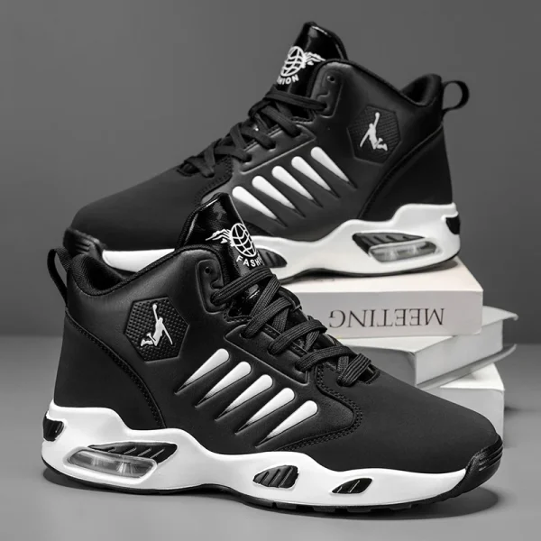 Men's High-Top Basketball Shoes, Featuring a Breathable Mesh Design for Maximum Comfort Outdoor Shock-Absorbing Running Shoes, High Rebound Cushioning Technology, Makes Running Smoother and More Comfortable, Enhances Support, Stylish White Design, Suitable for Athletic Performance and Everyday Wear.