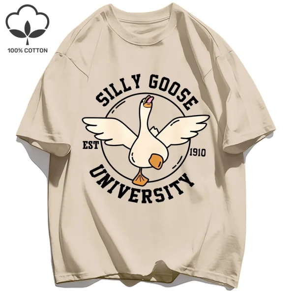 Silly Goose University Printing Mens T-Shirts Summer Cotton All-Match Loose T Shirt Crewneck Streetwear Hip Hop Soft Clothes