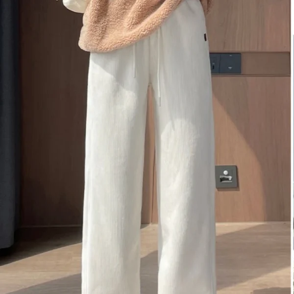 Winter Women Fleece Wide Leg Long Pants Thicken Warm Winter Stright Long Elastic Waist Trousers Casual Loose Female Botton Pants