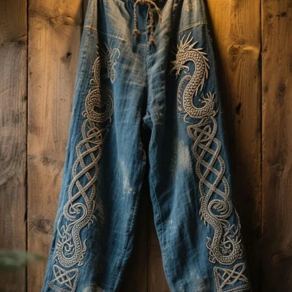 New 3D Dragon-print Men's Long Pants Nordic Viking Myth Style Men's Drawstring Pants Outdoor Casual Loose Sport Pants