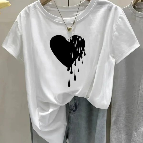 Women's Korean Japanese Style White with Black Drip Heart Print Harajuku Short Sleeve Casual Clothing Street Aesthetic Clothes