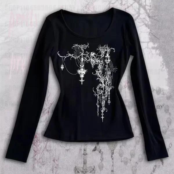 Wings Graphic Print Black T-shirt Women Autumn Clothes Y2K Cyber Grunge Pullovers Tees 00s Retro Aesthetic Cottage Crop Tops