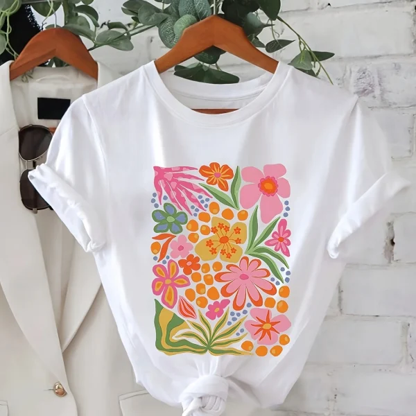 Women'S Style Short Sleeve T-Shirt with Vibrant Floral Print White Crew Neck Casual Harajuku Sleeve Casual Aesthetic Clothes
