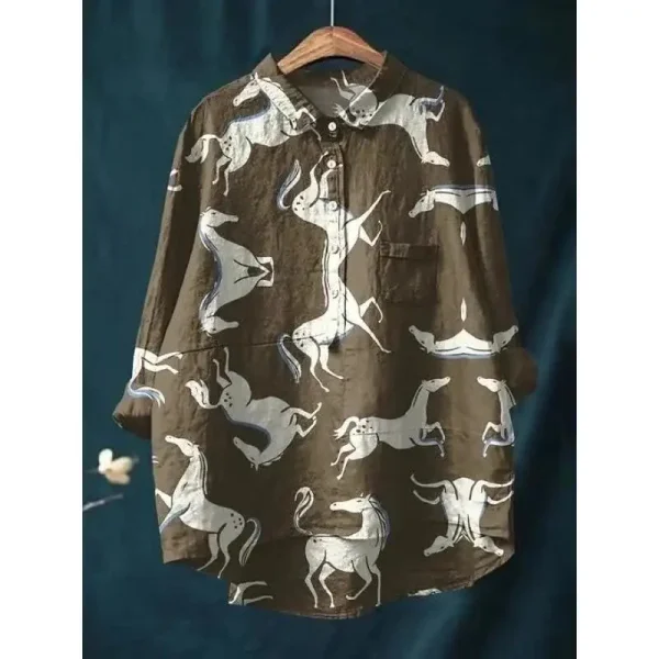 New Mustang printed casual V-neck shirt, vintage women's kimono-style shirt, fashionable retro shirt, summer comfortable top