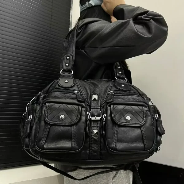 Ladies' fashionable retro vintage vintage hot girl motorcycle tote bag with large capacity Y2K washed vegan leather shoulder bag