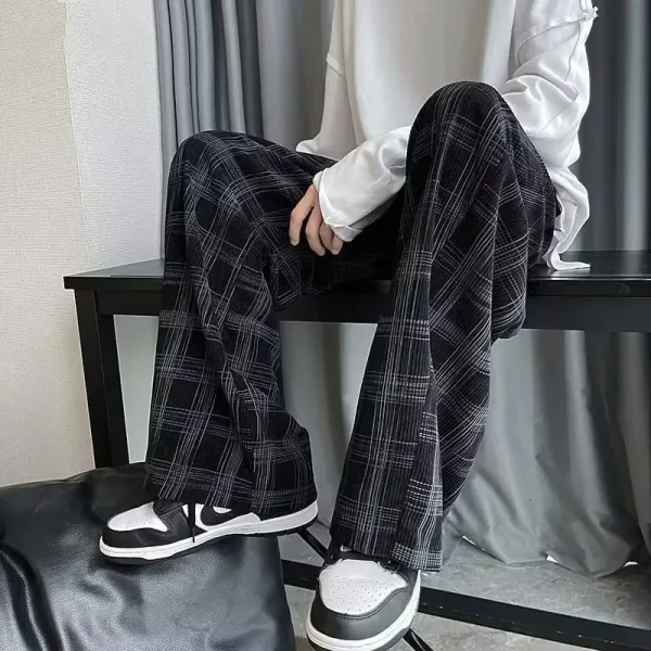 Checkered pants men's spring and autumn plus fat plus plus size trendy loose Korean version versatile wide leg casual pants spor